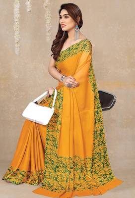 Women's yellow abstrect print  chiffon  saree with unstitched blouse piece 2