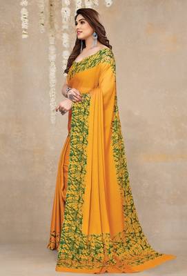 Women's yellow abstrect print  chiffon  saree with unstitched blouse piece 3