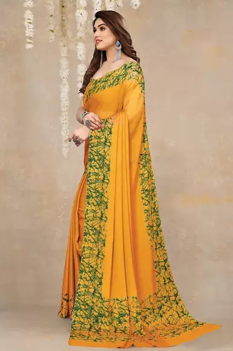 Women's yellow abstrect print  chiffon  saree with unstitched blouse piece