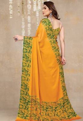 Women's yellow abstrect print  chiffon  saree with unstitched blouse piece 4