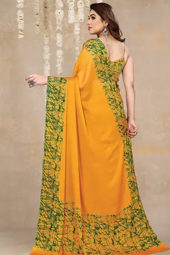 Women's yellow abstrect print  chiffon  saree with unstitched blouse piece