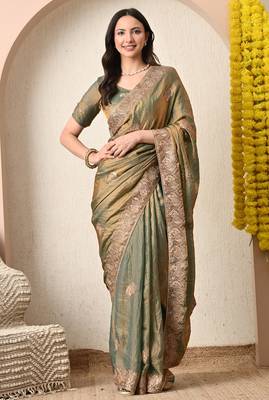 Women's mustard embellished silk blend saree with unstitched blouse piece 1