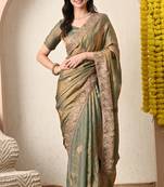 Women's mustard embellished silk blend saree with unstitched blouse piece