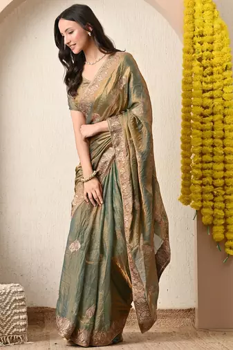 Women's mustard embellished silk blend saree with unstitched blouse piece