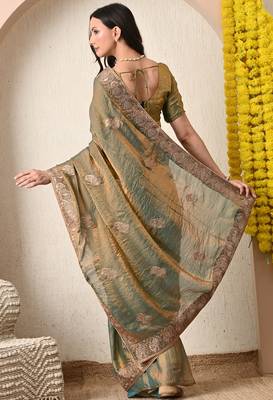 Women's mustard embellished silk blend saree with unstitched blouse piece 4