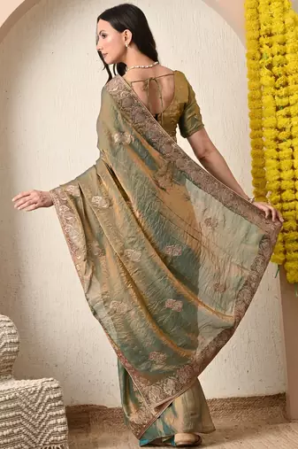 Women's mustard embellished silk blend saree with unstitched blouse piece