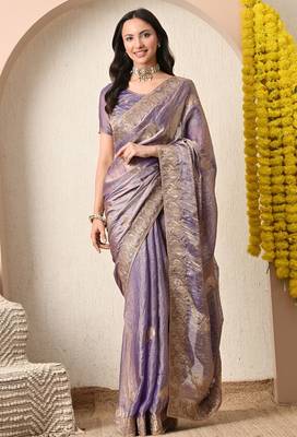 Women's purple embellished silk blend saree with unstitched blouse piece 1