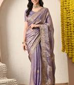 Women's purple embellished silk blend saree with unstitched blouse piece