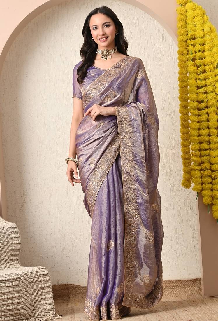 Women's purple embellished silk blend saree with unstitched blouse piece