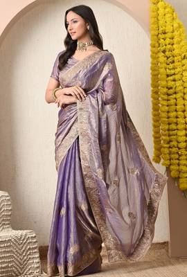 Women's purple embellished silk blend saree with unstitched blouse piece 2