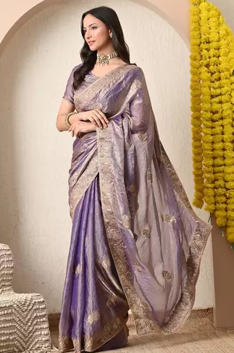 Women's purple embellished silk blend saree with unstitched blouse piece