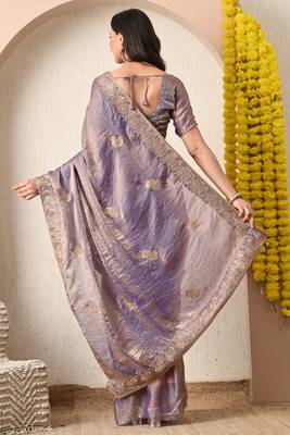 Women's purple embellished silk blend saree with unstitched blouse piece 3