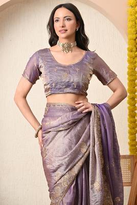 Women's purple embellished silk blend saree with unstitched blouse piece 4