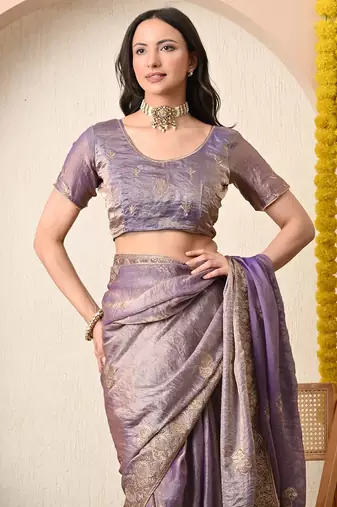 Women's purple embellished silk blend saree with unstitched blouse piece
