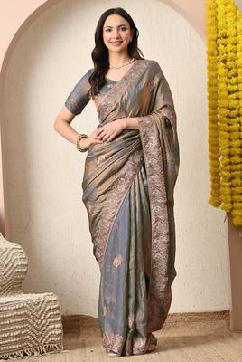 Women's blue embellished silk blend saree with unstitched blouse piece 1
