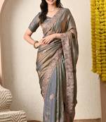 Women's blue embellished silk blend saree with unstitched blouse piece