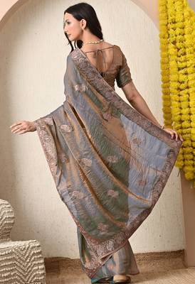 Women's blue embellished silk blend saree with unstitched blouse piece 4