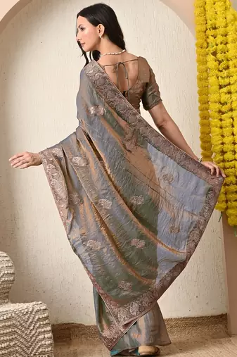 Women's blue embellished silk blend saree with unstitched blouse piece