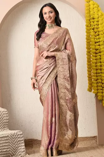 Women's pink embellished silk blend saree with unstitched blouse piece