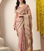 Women's pink embellished silk blend saree with unstitched blouse piece