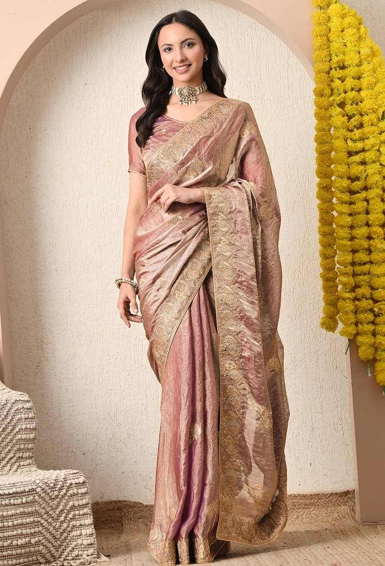 Women's pink embellished silk blend saree with unstitched blouse piece