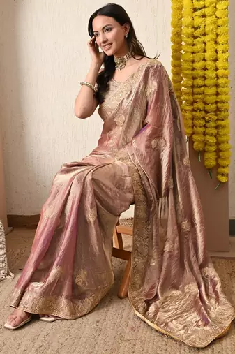 Women's pink embellished silk blend saree with unstitched blouse piece