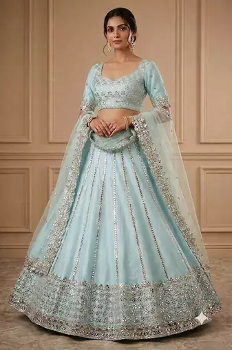 skyblue foil mirror embroidered net lehenga choli with silk blouse set
