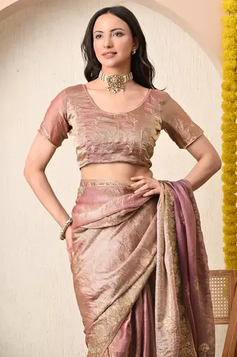 Women's pink embellished silk blend saree with unstitched blouse piece