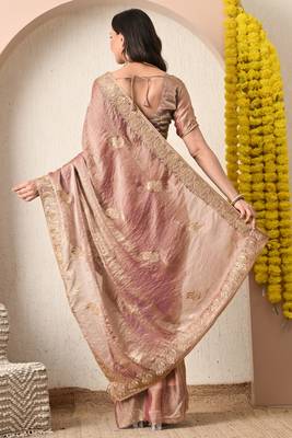 Women's pink embellished silk blend saree with unstitched blouse piece 4