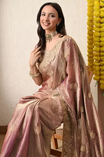Women's pink embellished silk blend saree with unstitched blouse piece