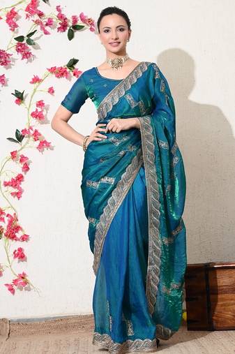 Women's blue embellished silk blend saree with unstitched blouse piece