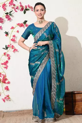 Women's blue embellished silk blend saree with unstitched blouse piece