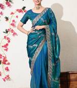 Women's blue embellished silk blend saree with unstitched blouse piece