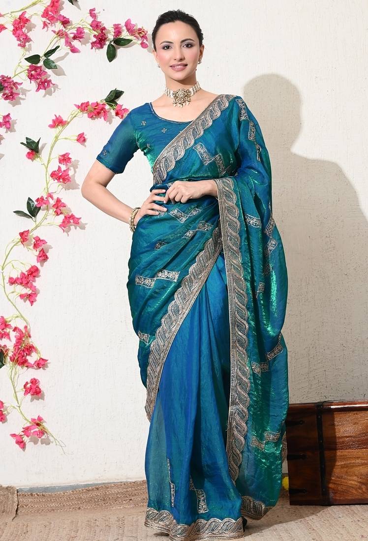 Women's blue embellished silk blend saree with unstitched blouse piece