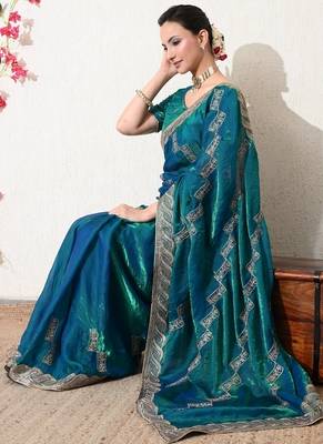 Women's blue embellished silk blend saree with unstitched blouse piece 2