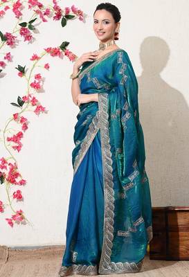 Women's blue embellished silk blend saree with unstitched blouse piece 3