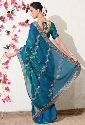 Women's blue embellished silk blend saree with unstitched blouse piece 4