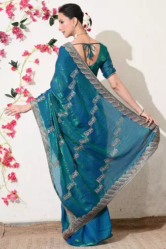 Women's blue embellished silk blend saree with unstitched blouse piece