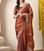 Women's rust embellished silk blend saree with unstitched blouse piece