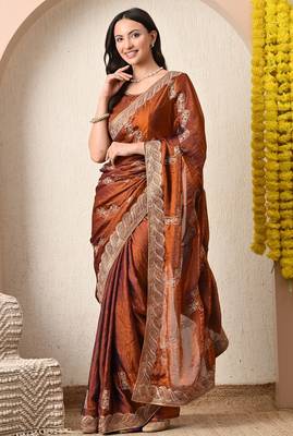 Women's rust embellished silk blend saree with unstitched blouse piece 2