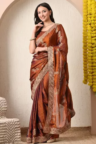 Women's rust embellished silk blend saree with unstitched blouse piece