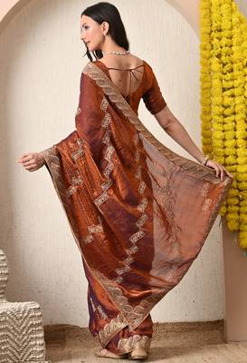 Women's rust embellished silk blend saree with unstitched blouse piece 3