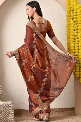 Women's rust embellished silk blend saree with unstitched blouse piece