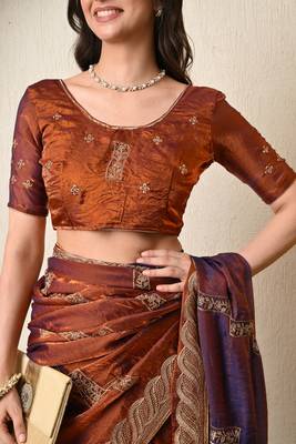 Women's rust embellished silk blend saree with unstitched blouse piece 4