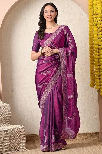 Women's magenta embellished silk blend saree with unstitched blouse piece