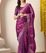Women's magenta embellished silk blend saree with unstitched blouse piece