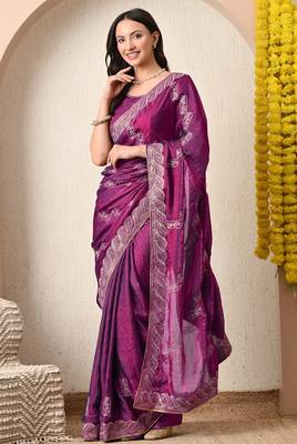 Women's magenta embellished silk blend saree with unstitched blouse piece 2