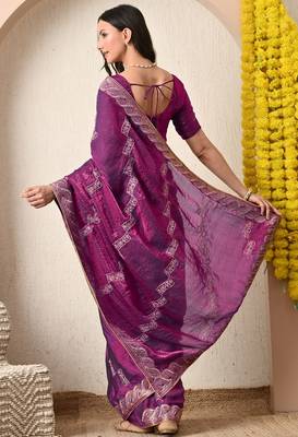 Women's magenta embellished silk blend saree with unstitched blouse piece 3