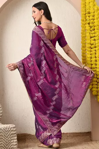 Women's magenta embellished silk blend saree with unstitched blouse piece