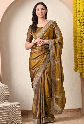 Women's mustard embellished silk blend saree with unstitched blouse piece 1